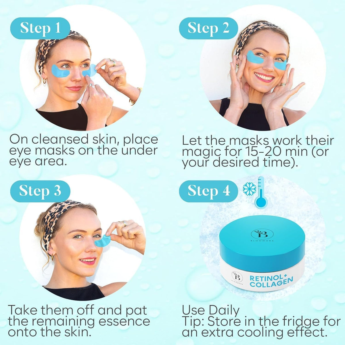 Model wearing Bloomora hydrating under eye patches