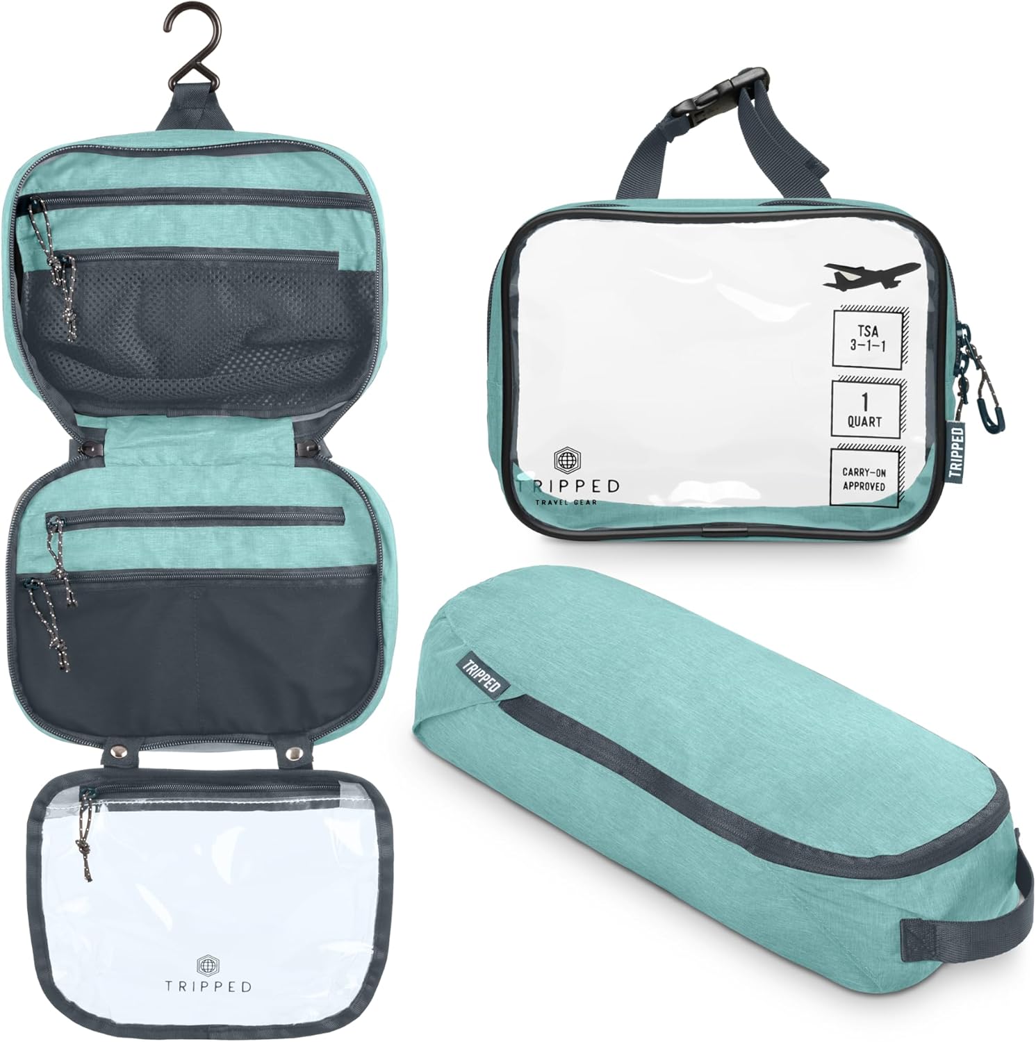 Tripped Travel Gear 3 piece toiletry bag kit front view in dusty teal