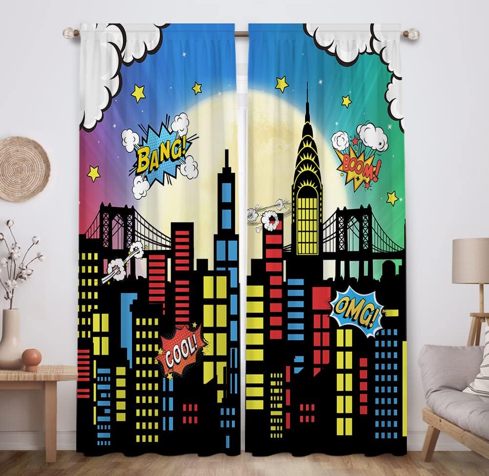 Allenjoy Superhero Super City Skyline Children Window Curtains front view hanging in a themed kids bedroom