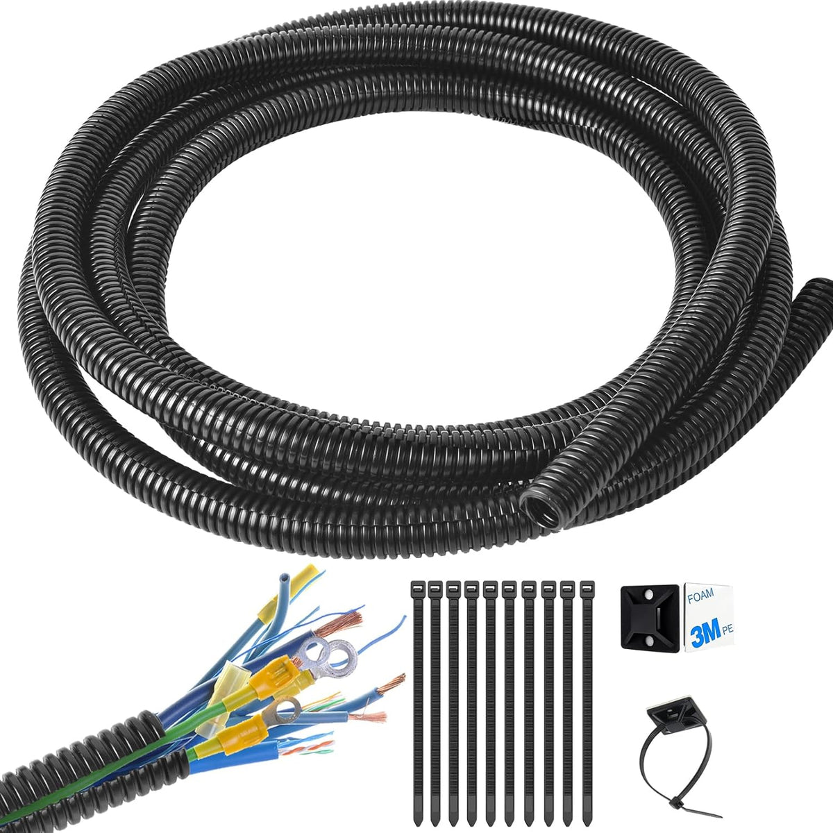 ALLWIN split wire loom tubing front view showing the flexible black corrugated plastic texture