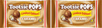 Rich caramel hard candy lollipops featuring the classic chocolate roll center texture view.
