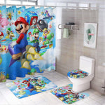 Pinghai cartoon game shower curtain set front view featuring vibrant animated characters in a modern bathroom setup.