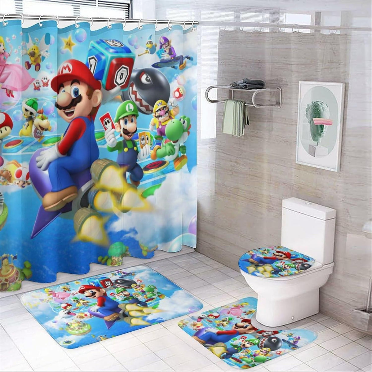 Pinghai cartoon game shower curtain set front view featuring vibrant animated characters in a modern bathroom setup.