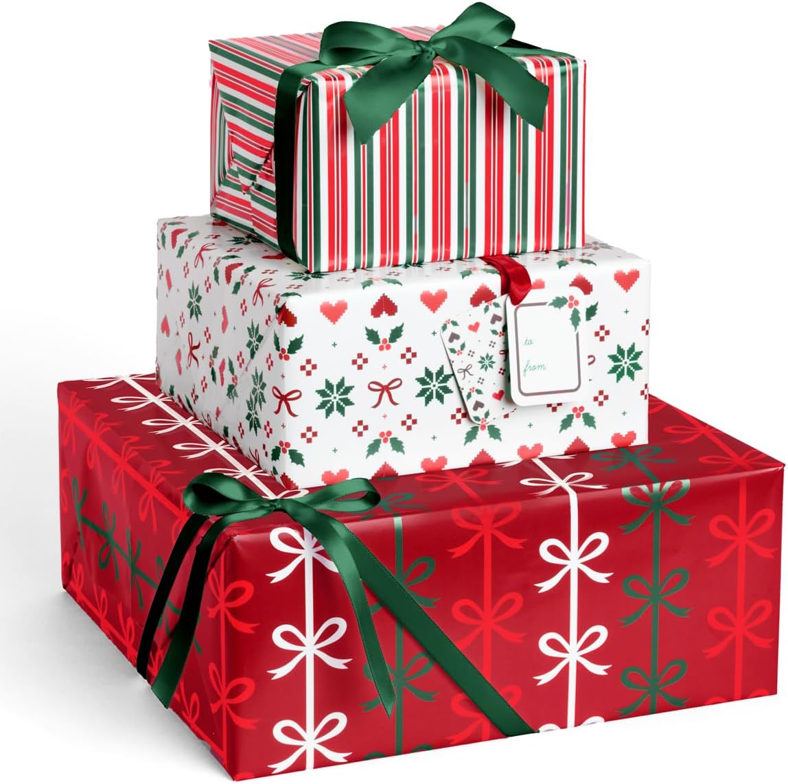 xo Fetti Christmas Wrapping Paper And Tag Set front view showing festive red and green sheets