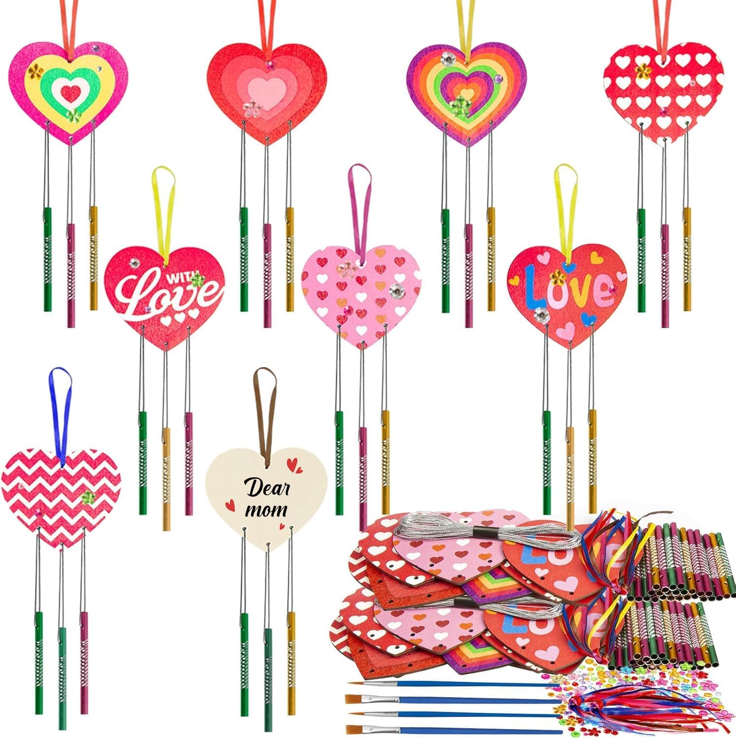 Fennoral heart wind chime kit front view showing wooden pieces and tubes.