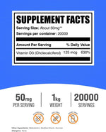 BulkSupplements cholecalciferol powder packaging detailing five thousand international units potency