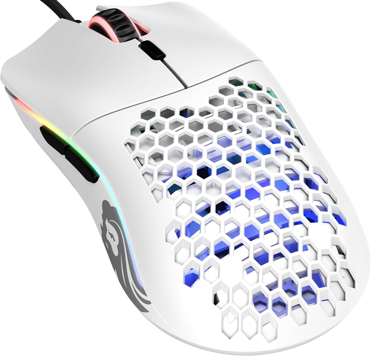 Glorious Model O wired gaming mouse front view in matte white