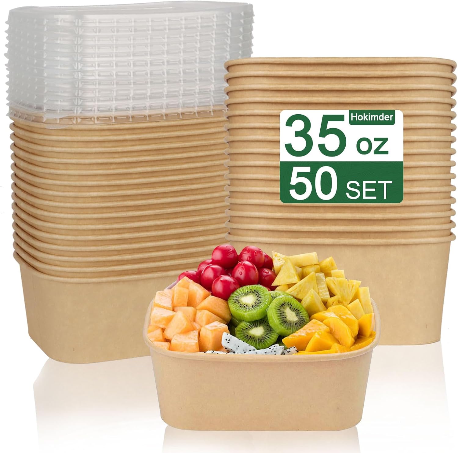 Hokimder 35 Ounce Rectangular Kraft Paper Food Containers 50 Pack front view for eco-friendly meal prep.