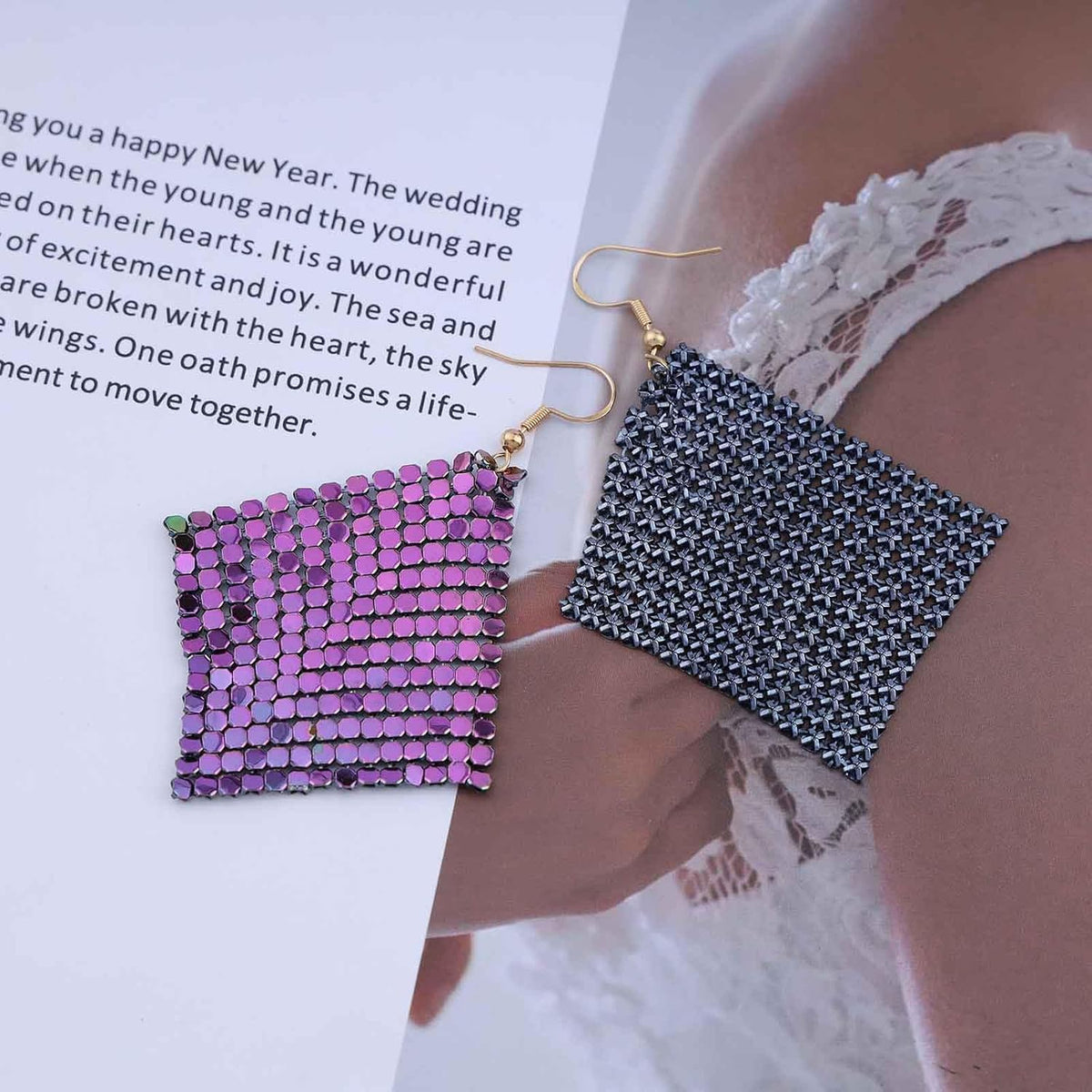 Allereyae metallic sequin grid earrings side profile view