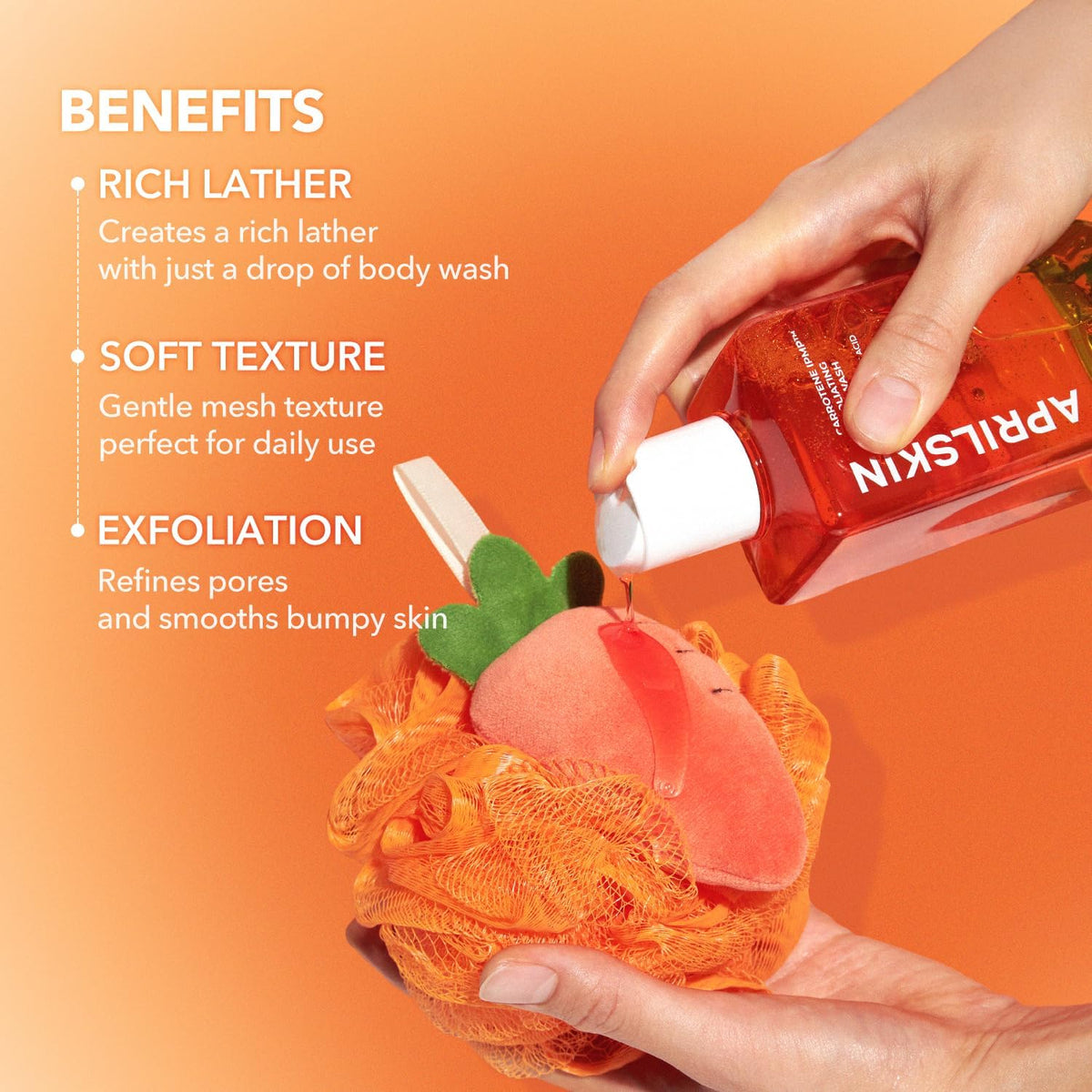 Premium carrot shaped body scrubber for daily gentle exfoliation.