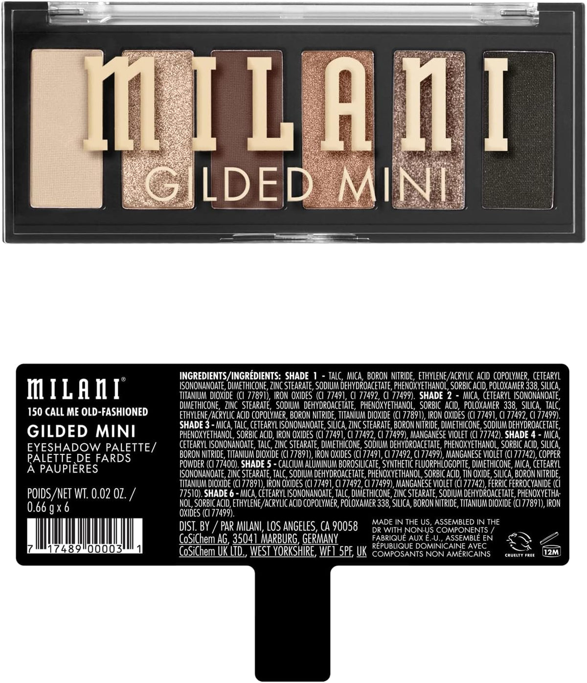 Close-up shot of the highly pigmented pressed powder textures inside the compact Milani eye makeup palette.