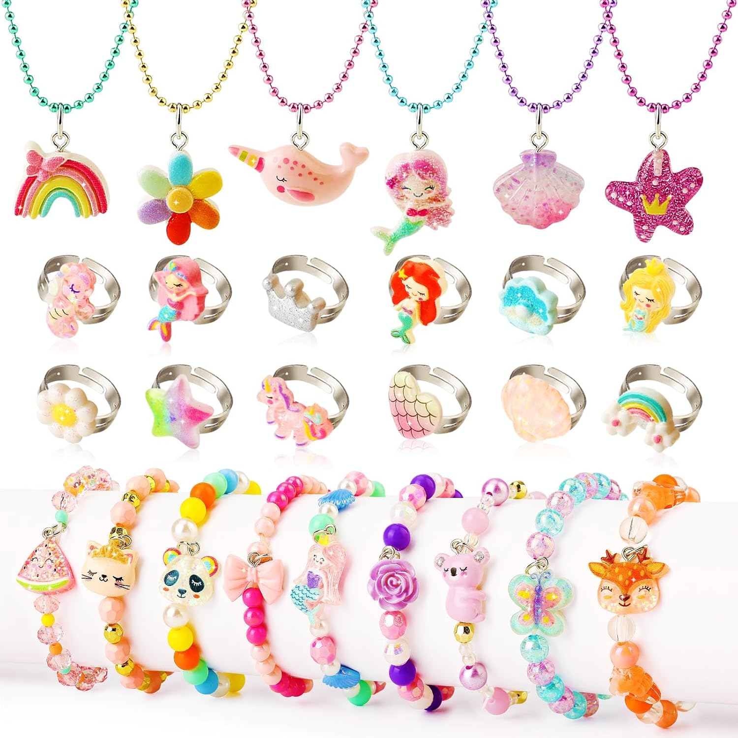 BeAndge kids princess dress up jewelry set showing the complete twenty six piece collection inside the pink gift box.