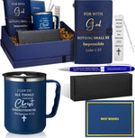Shellwei 6 piece Christian gifts for men set in blue featuring insulated coffee mug and leather notebook front view.