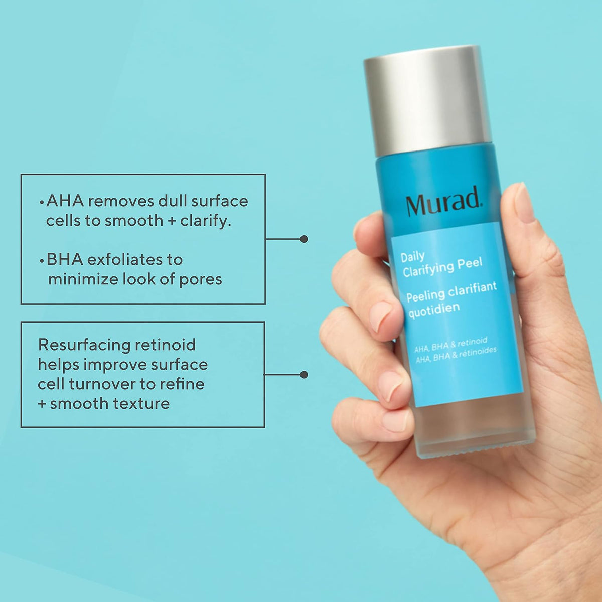 Murad Daily Clarifying Peel packaging detail featuring AHA BHA and Retinoid label.