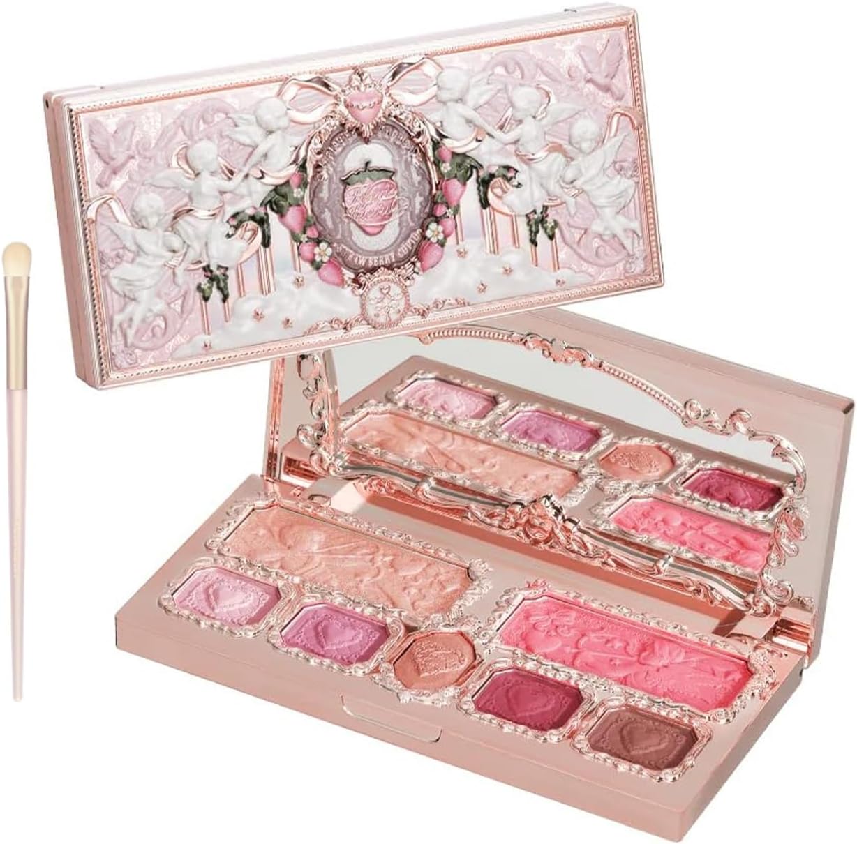Flower Knows Strawberry Cupid Makeup Palette front view featuring ornate angel embossed pink packaging.