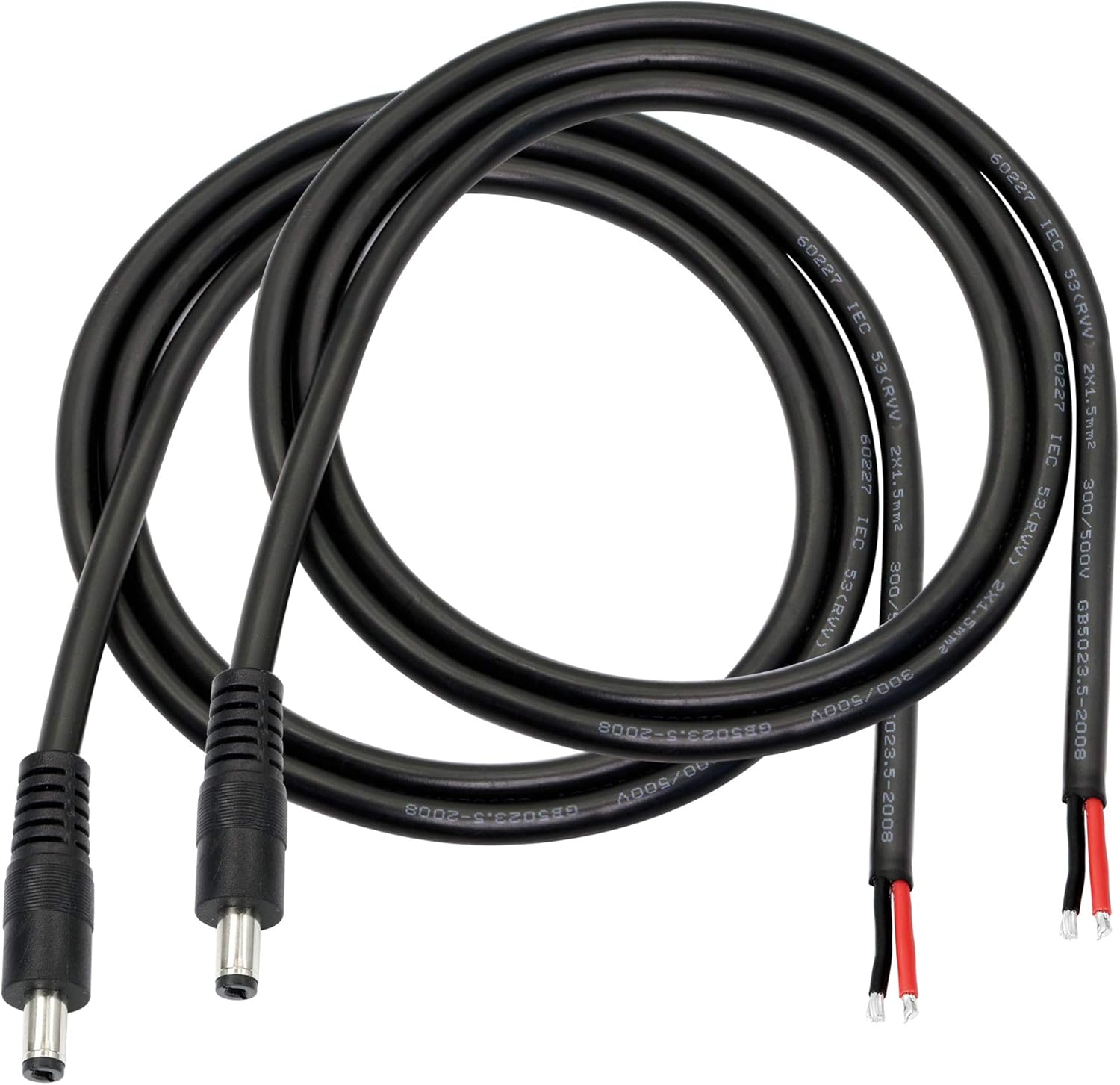Gintooyun DC power pigtails cable front view showing two pieces of male barrel connectors with red and black bare wire leads.