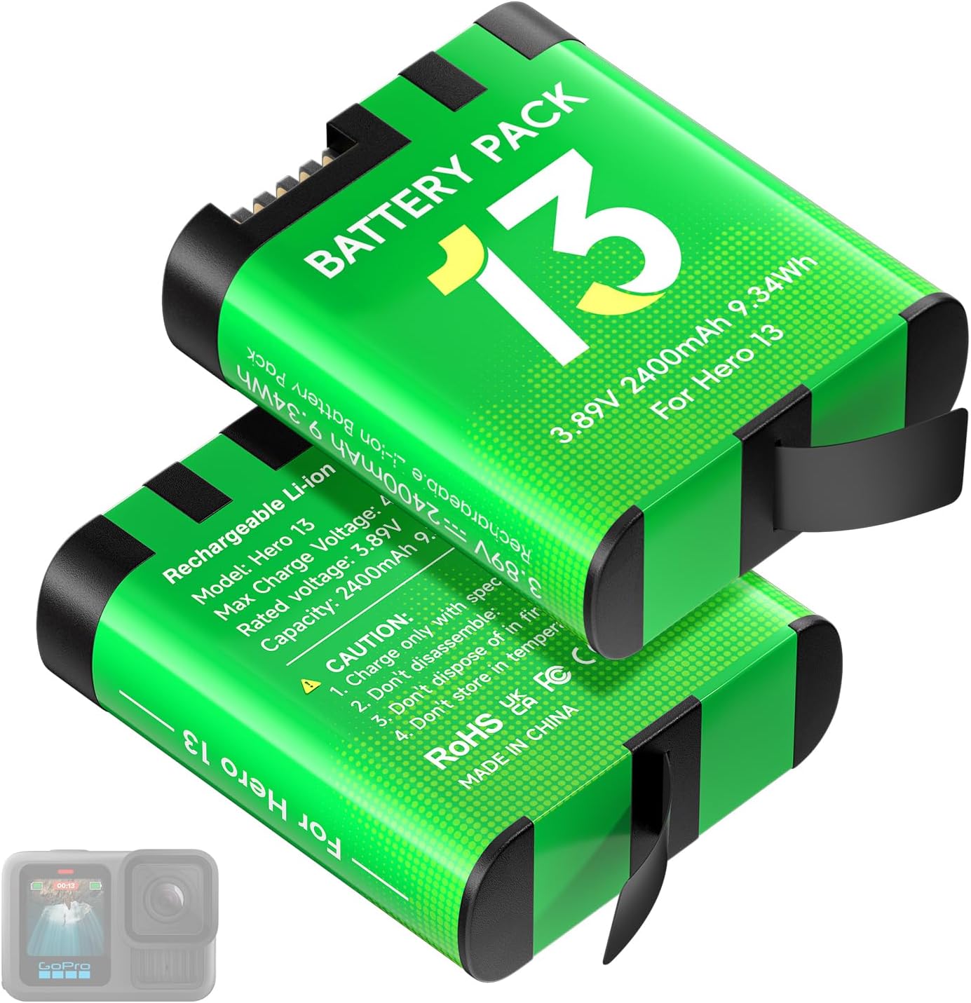 Palogreen Hero 13 Battery front view showcasing the 2400mAh branding for action camera backup.