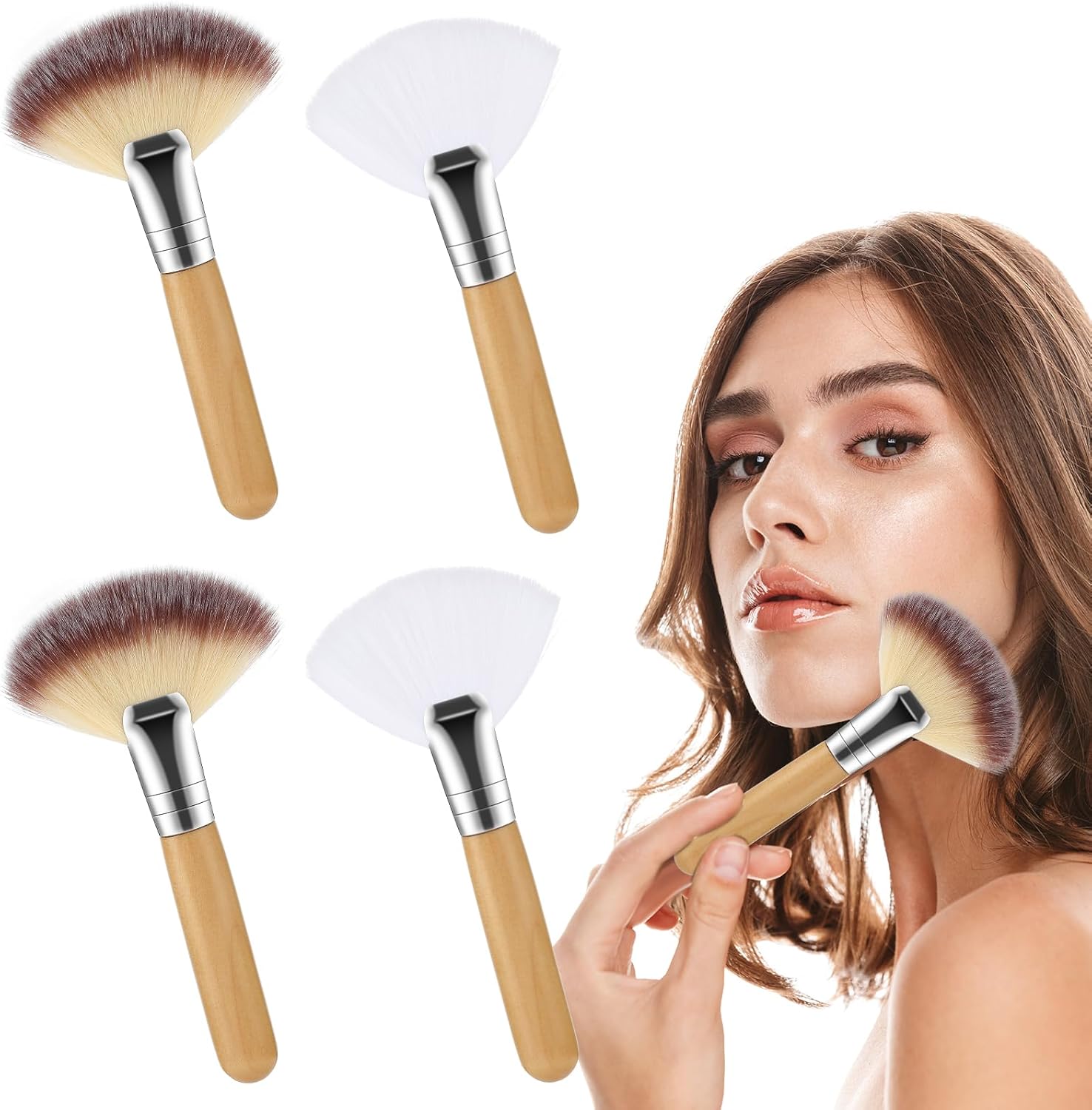 Salbsever fluffy fan brushes for facials four count front view showcasing white nylon bristles and light wood handles