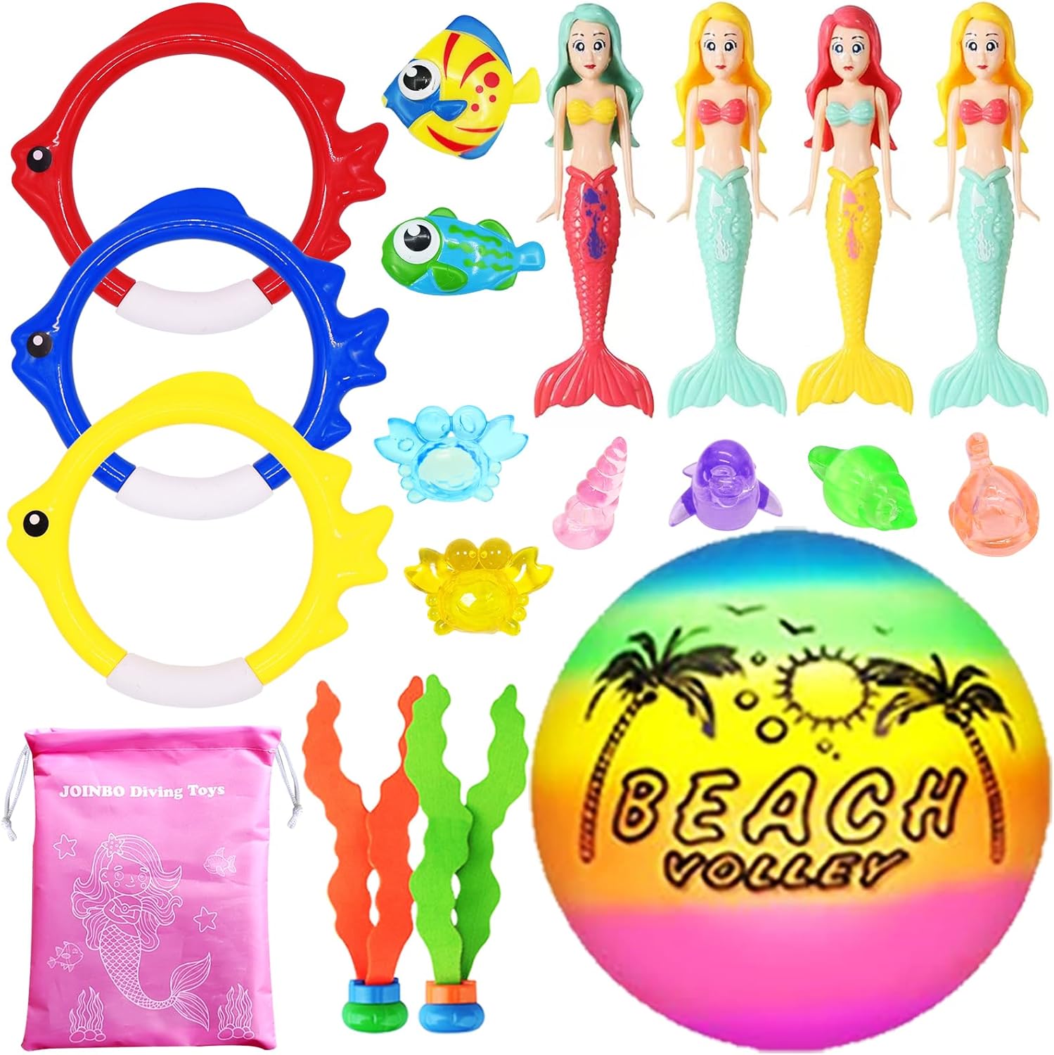 JOINBO 18 piece diving pool toys set with pink mesh storage bag front view