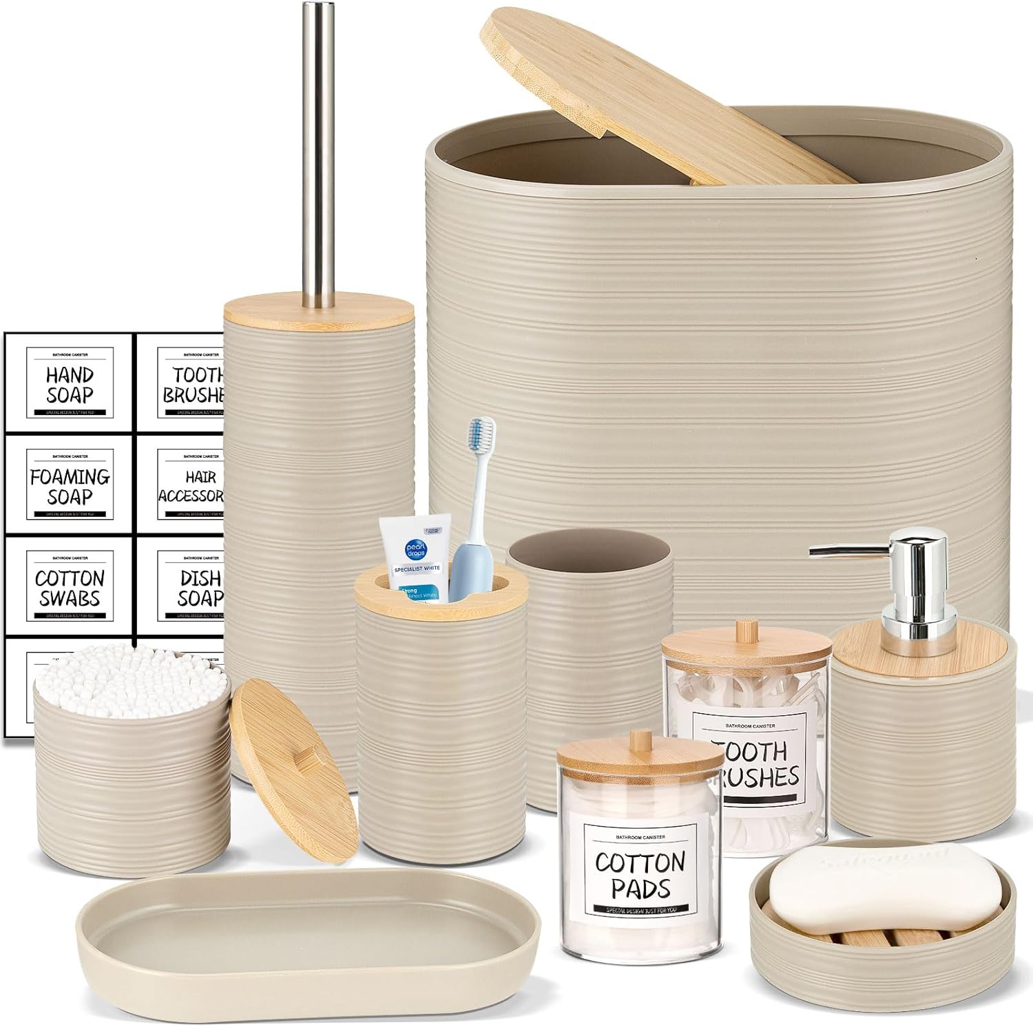 IMAVO 11-piece beige bathroom accessory set front view