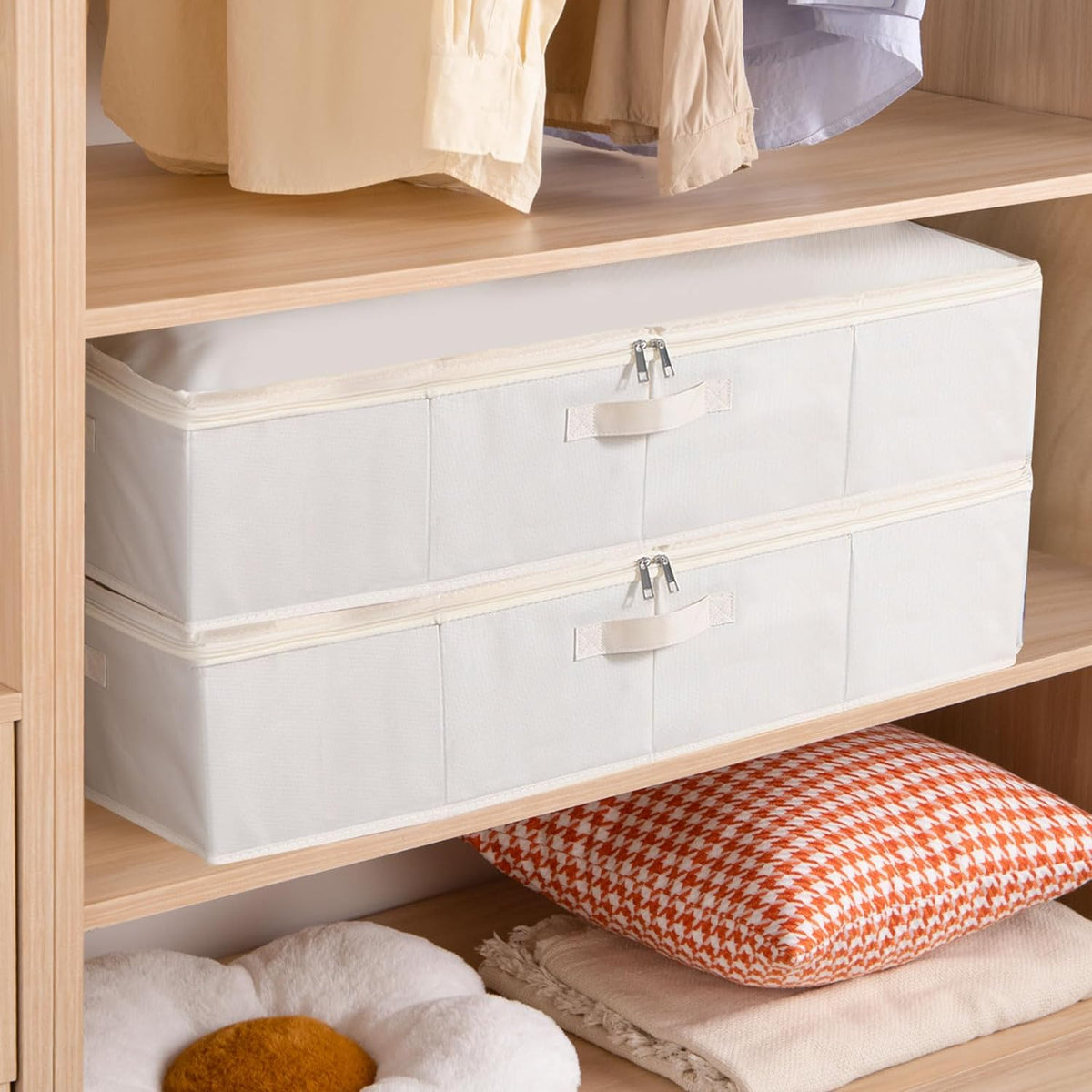 YheenLf beige fabric storage containers folded flat