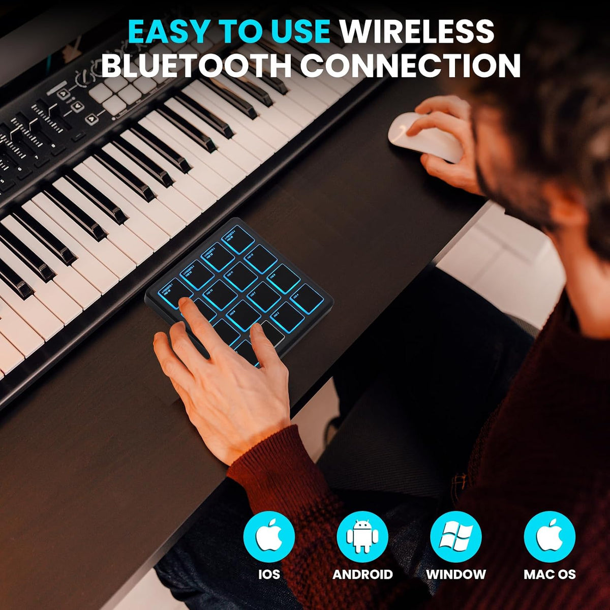 M-VAVE wireless MIDI pad controller connected to mobile device via Bluetooth