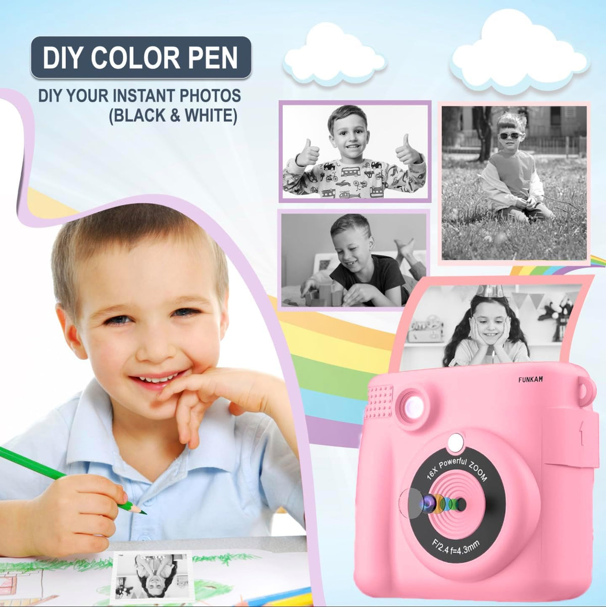 Children using Funkam instant print camera outdoors