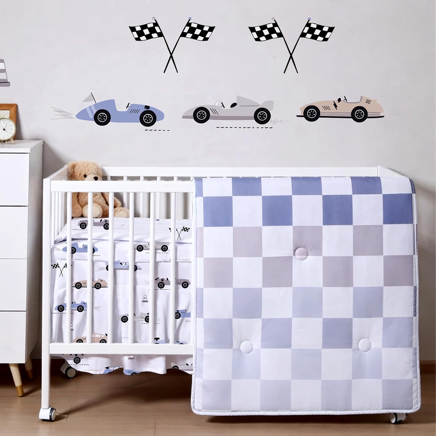 SmoothNovelty Cars Theme Baby Crib Bedding Set front view featuring the blue and white checkered race car comforter
