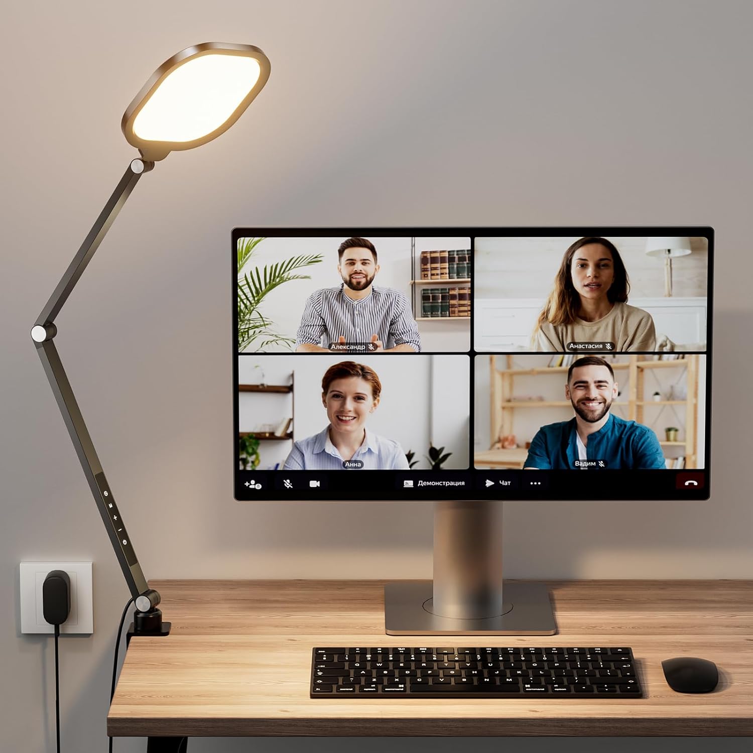 LitONES video conference lighting front view of fifteen watt desk ring light with C clamp