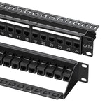 Cable Matters 1U 24-port Cat6 Ethernet patch panel front view showing numbered RJ45 inline keystone jacks.