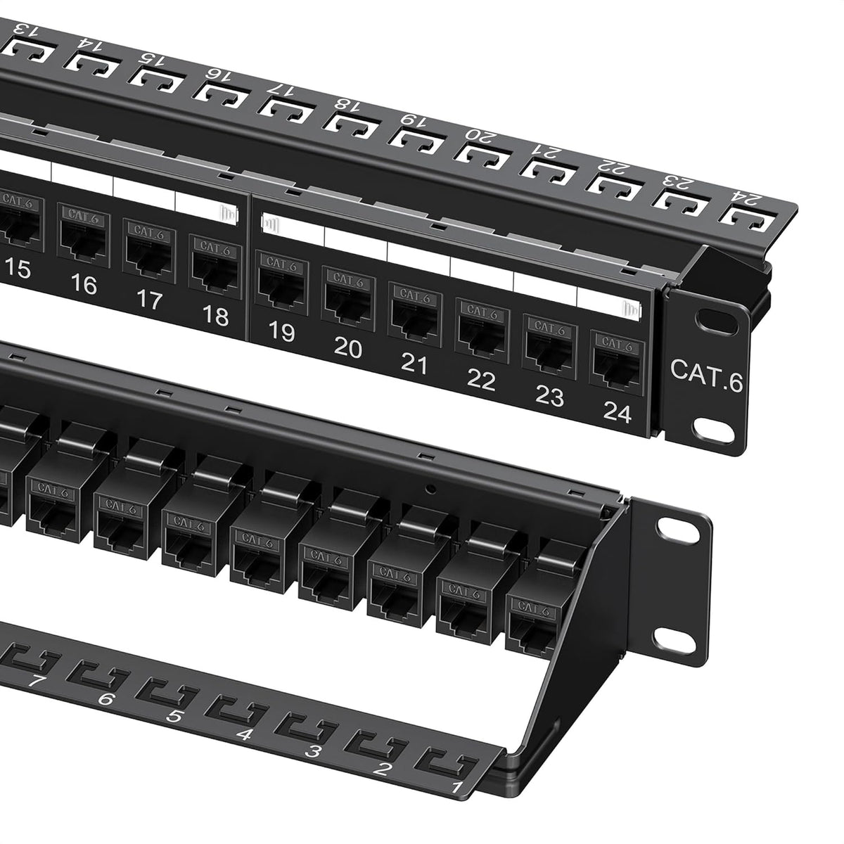 Cable Matters 1U 24-port Cat6 Ethernet patch panel front view showing numbered RJ45 inline keystone jacks.