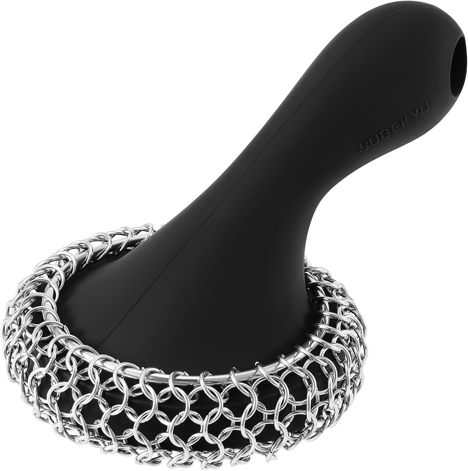 SUBEKYU Cast Iron Scrubber with Silicone Handle, Stainless Steel Chainmail Scrubber for Cast Iron Pans, Black - Image 1