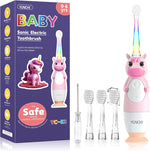 YUNCHI Toddler Electric Toothbrush Pink Unicorn front view for ages 0-6.