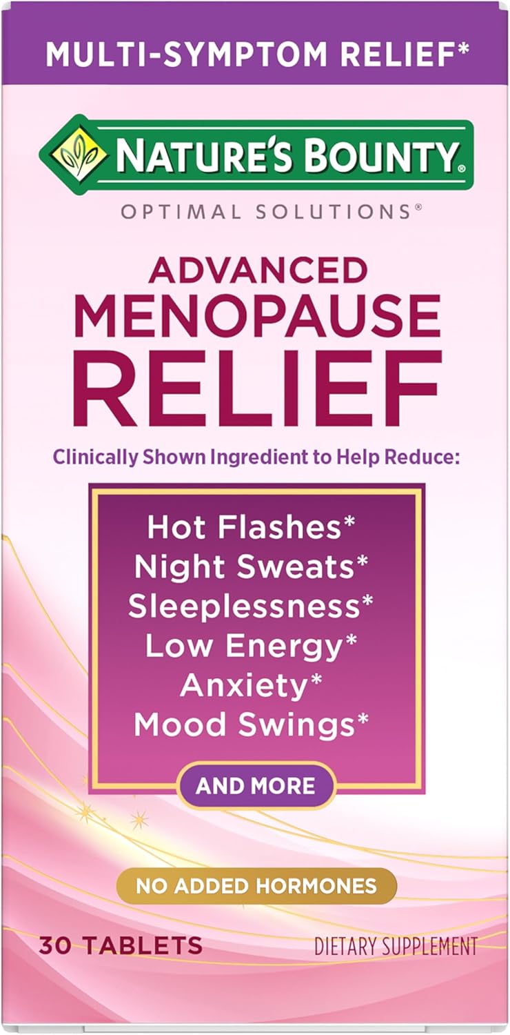 Nature’s Bounty Optimal Solutions Advanced Menopause Relief, Menopause Supplement for Women featuring Siberian Rhubarb, Hotflash Relief, No added Hormones, Drug-Free, 30 Tablets, 30 Total Servings - Image 1