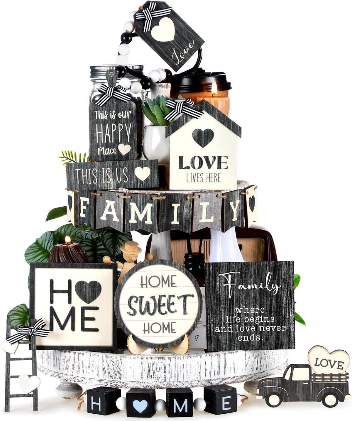 Mifoci farmhouse tiered tray decor front view of full 18 piece set