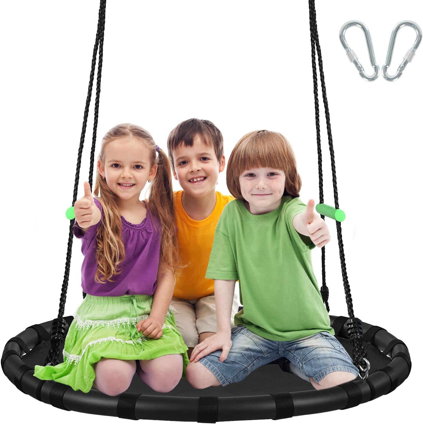 TBMLC forty inch diameter saucer tree swing front view showcasing the black polypropylene mat and padded frame