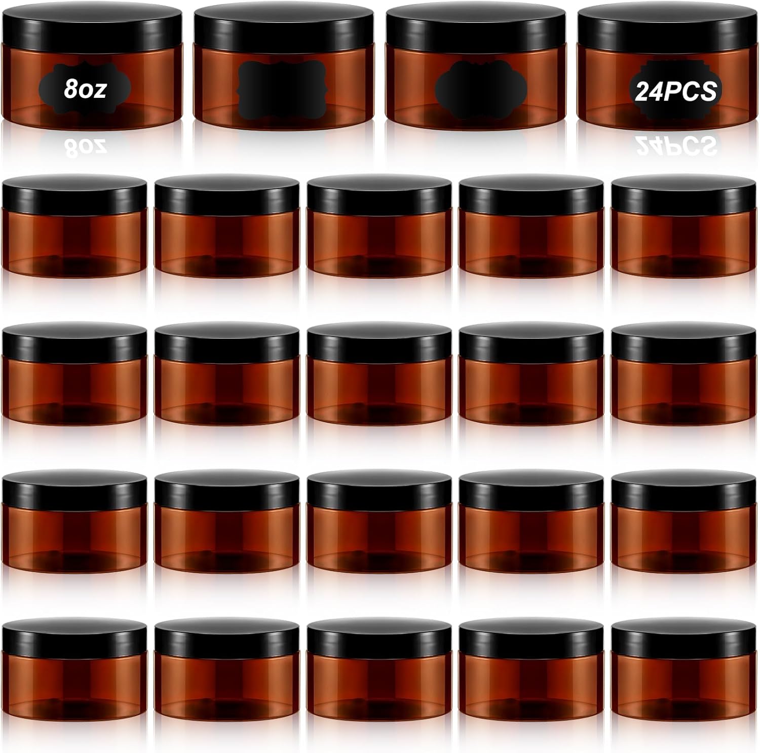 Dandat 24 piece 8 ounce amber plastic jar set front view for skincare