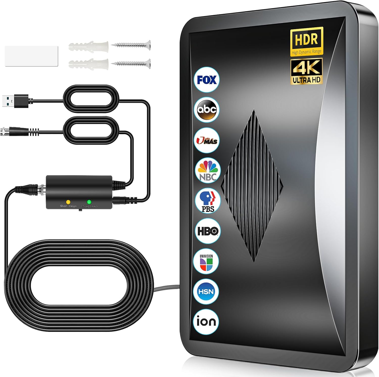 Qellaff 2026 upgraded indoor television antenna front view displaying sleek black finish and amplifier hardware.