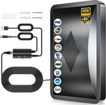 Qellaff 2026 upgraded indoor television antenna front view displaying sleek black finish and amplifier hardware.