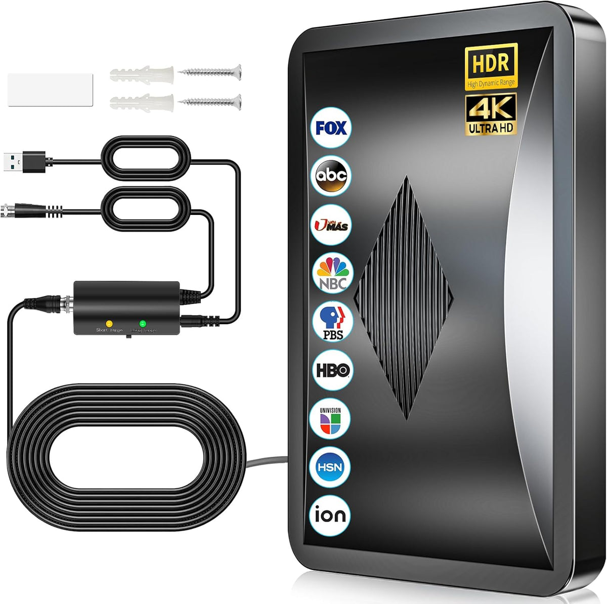 Qellaff 2026 upgraded indoor television antenna front view displaying sleek black finish and amplifier hardware.