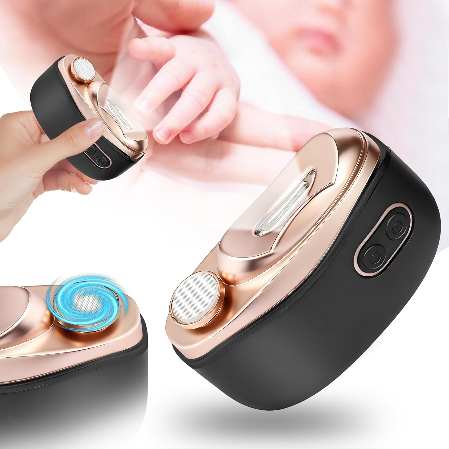 Vazpalas 3 in 1 electric nail clipper front view showing black and rose gold design