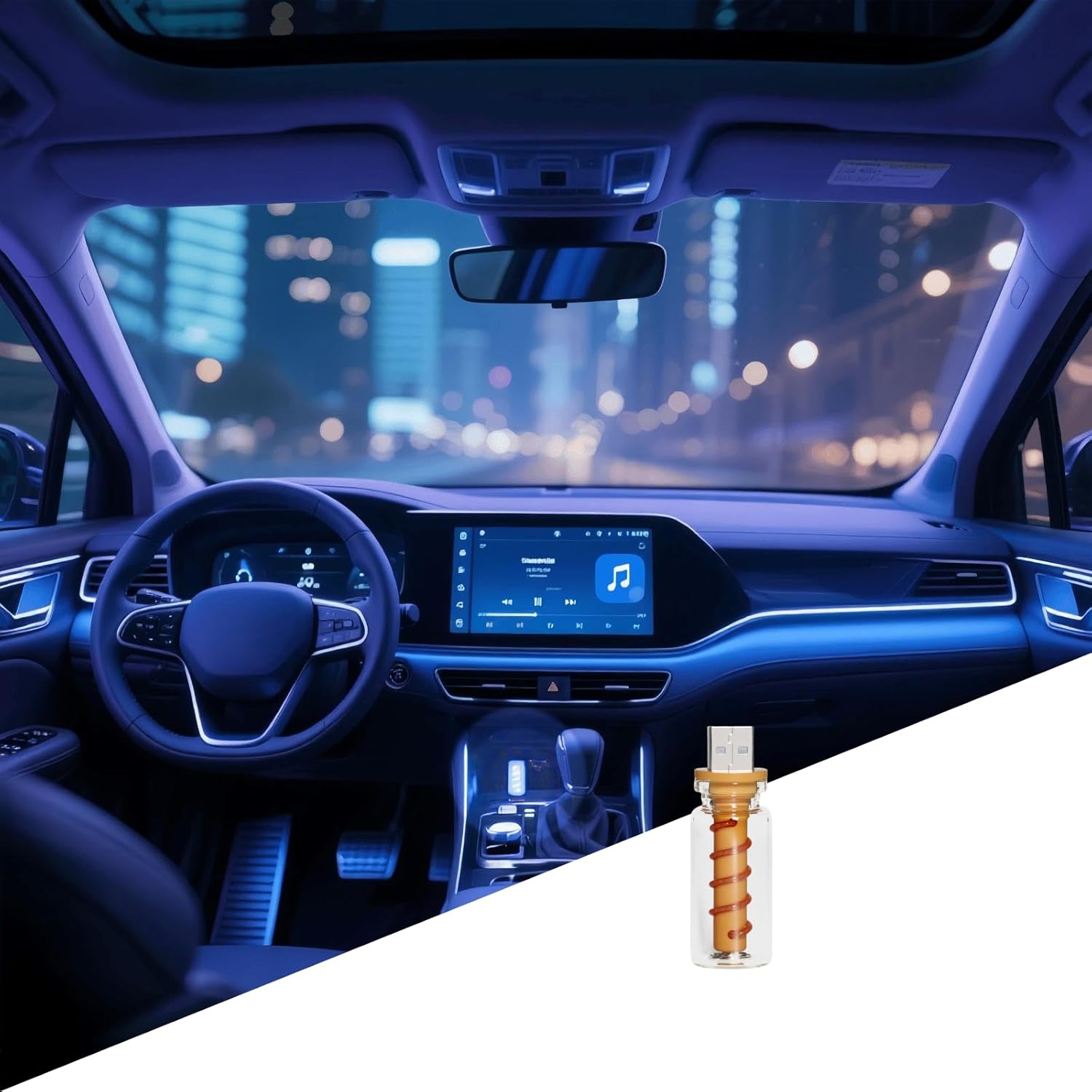 Generic 3D touch control USB car interior light front view showing clear blue glass bottle design