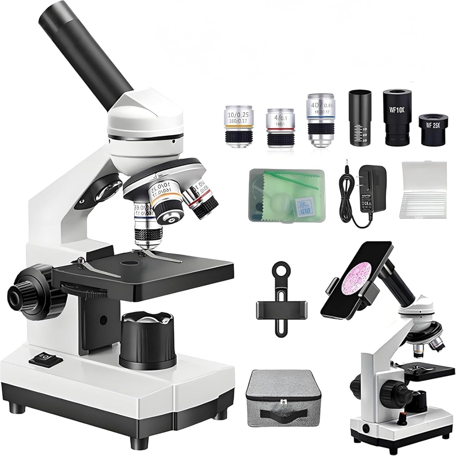 Generic biological compound monocular microscope front view showing metal frame and LED light sources