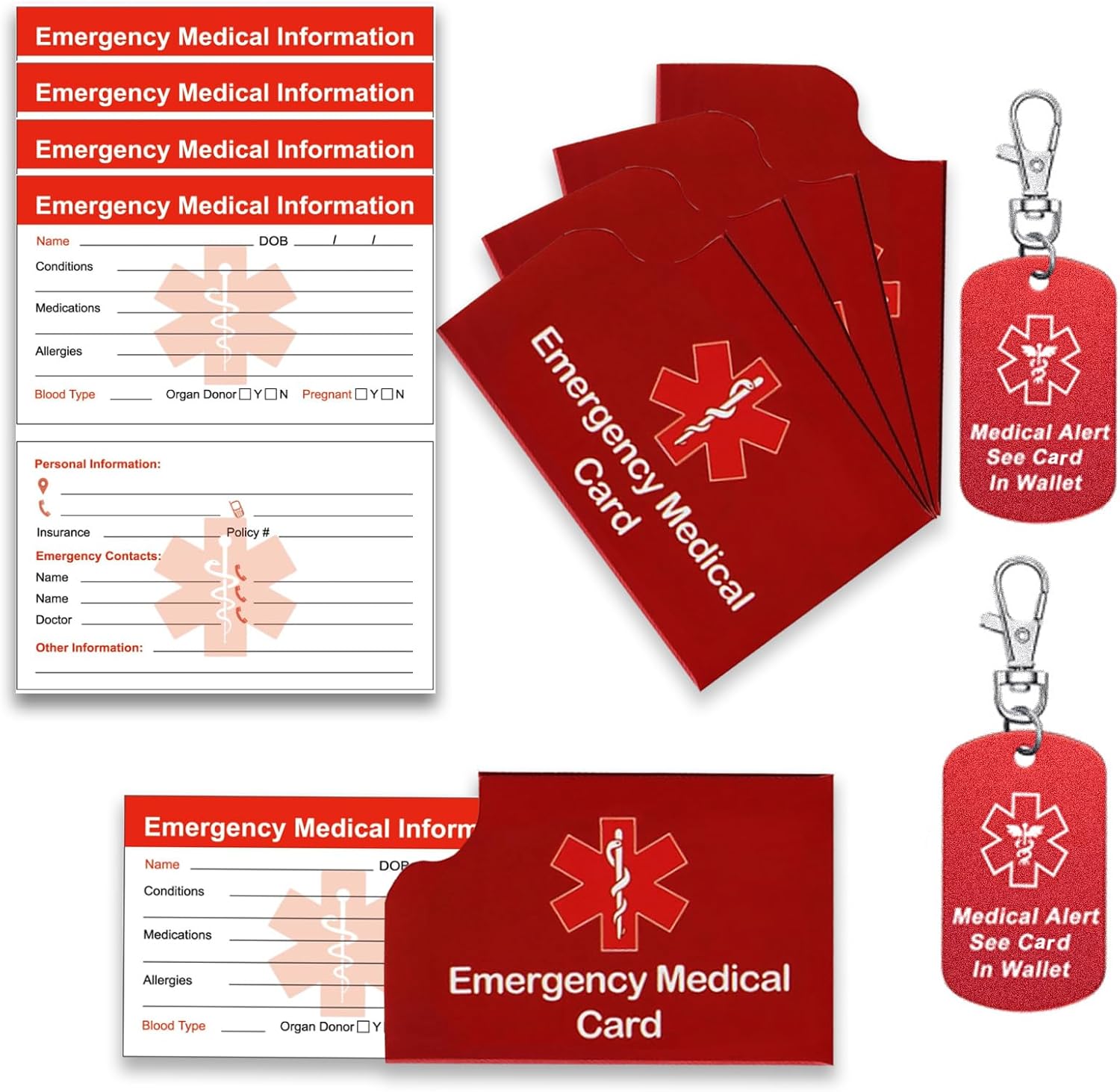 Jucara medical alert emergency contact card kit front view showing red cards and keychains