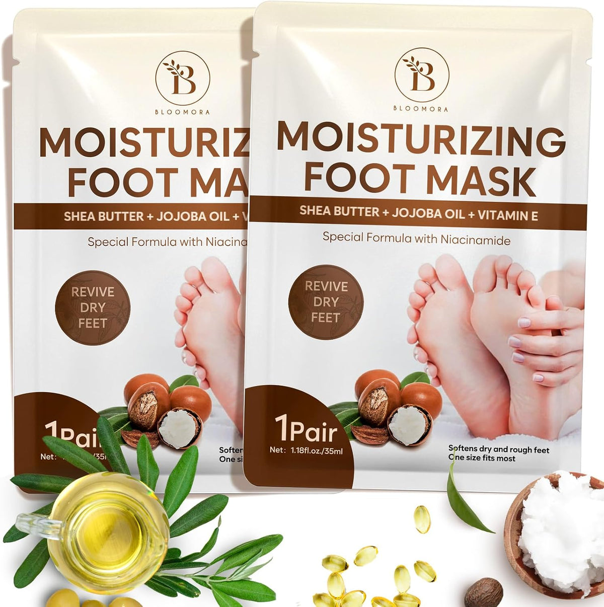 Bloomora hydrating foot mask front view packaging