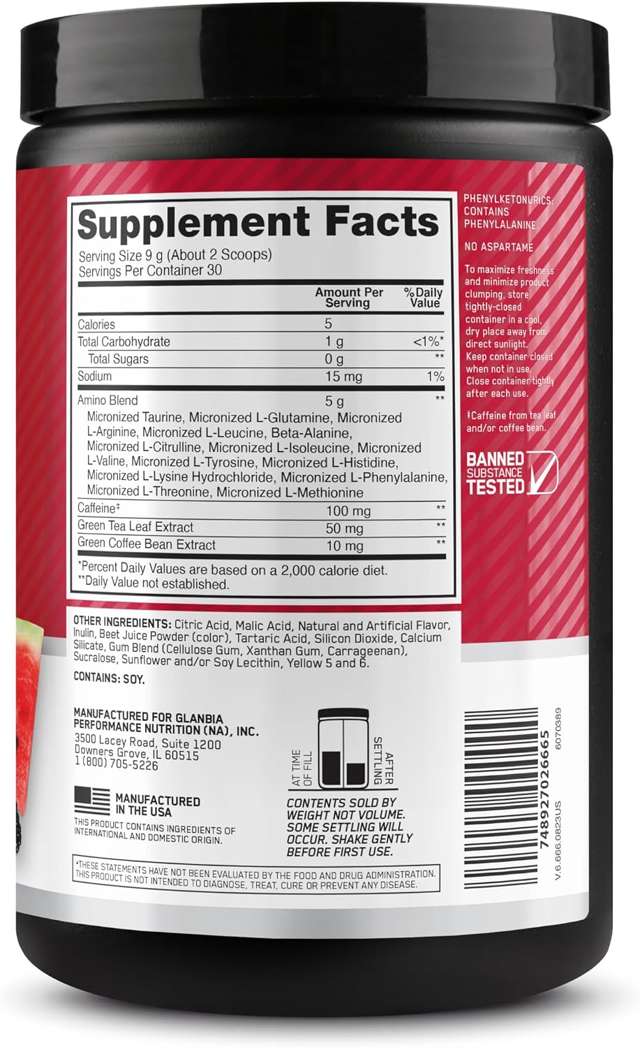 Optimum Nutrition pre workout supplement powder nutritional information label