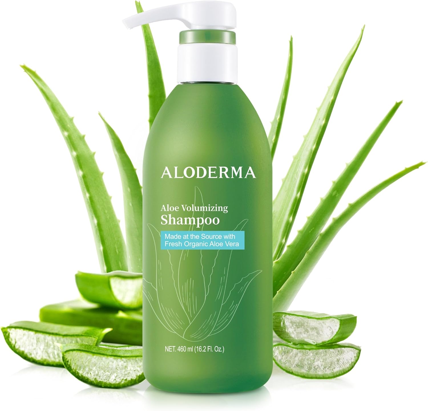 Aloderma Aloe Volumizing Shampoo front view of the sixteen ounce bottle for fine hair