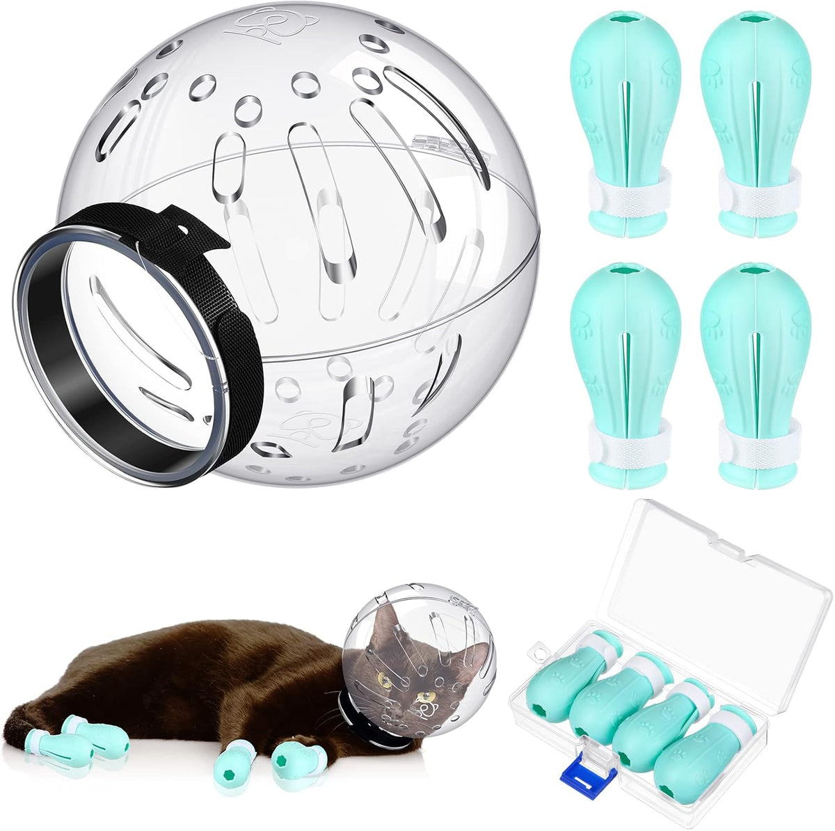 LEIFIDE cat muzzle grooming hood and paw covers front view setup