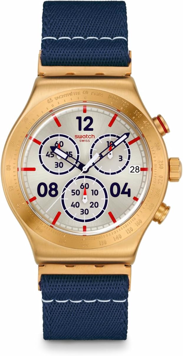 Swatch stainless steel watch lifestyle flat lay