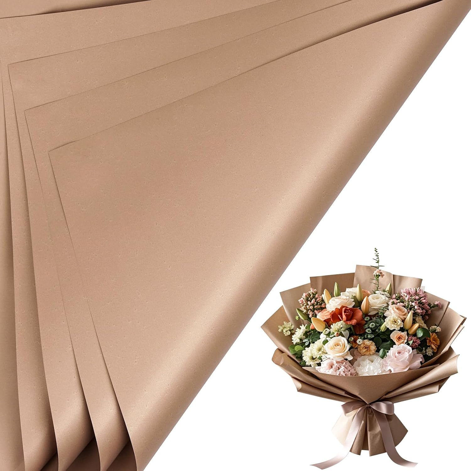 LeZakaa flower wrapping paper 20 sheets front view showing the waterproof brown reversible design.